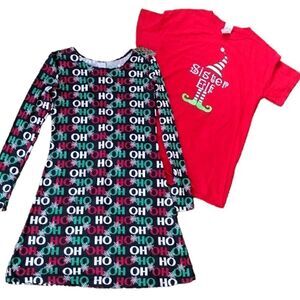 Girl's Size Small Long Sleeve Christmas Pajama Gown and Sister Elf Red Tee Shirt